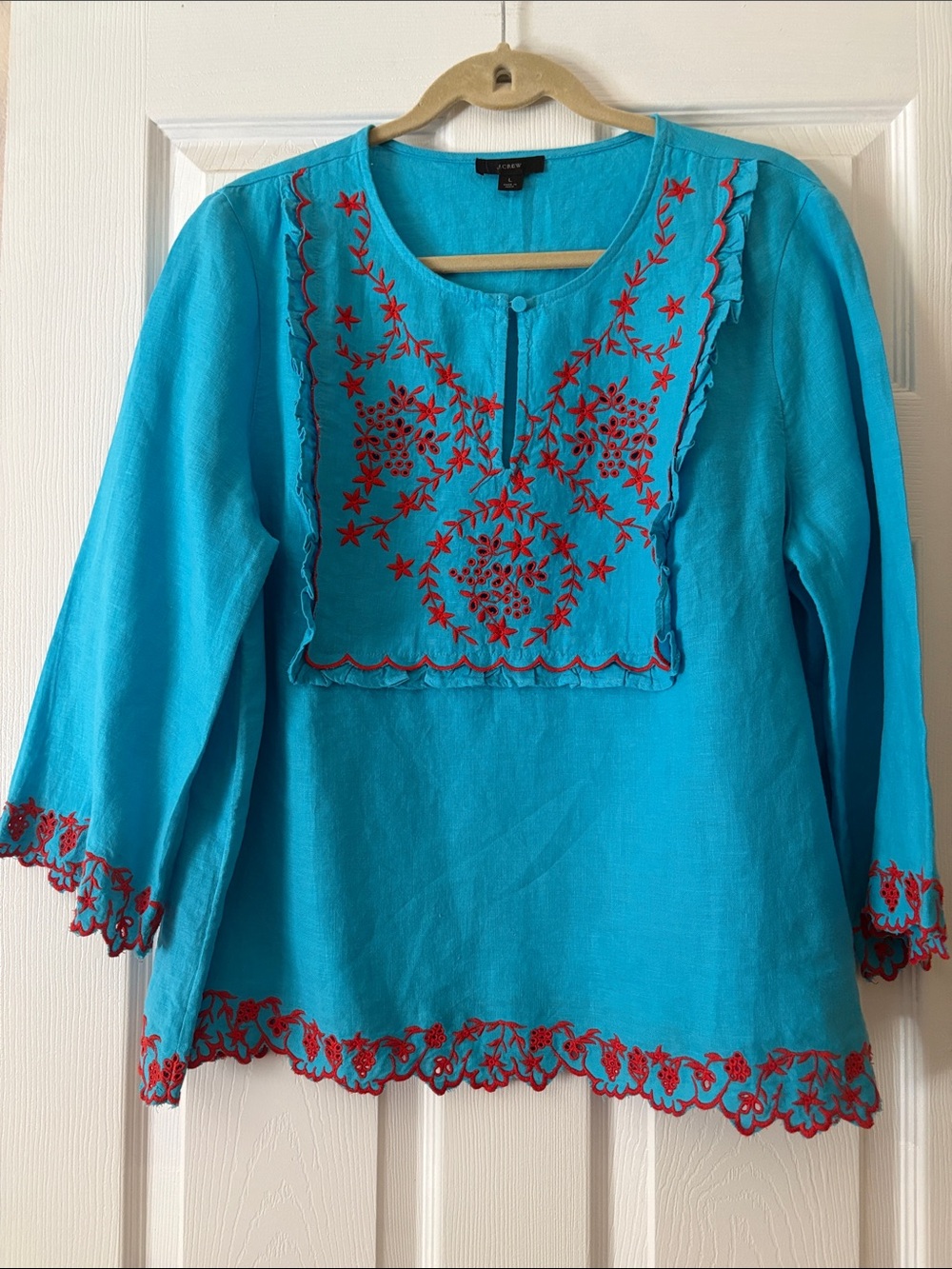 J. Crew Bright Turquoise Tunic with Red Floral Embroidery